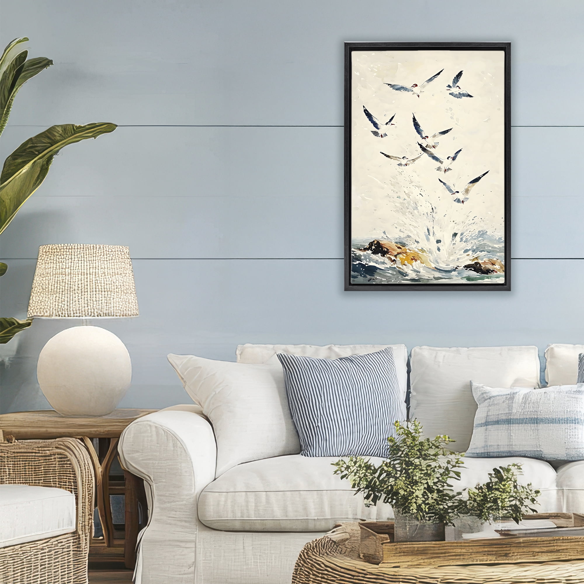 Stupell Industries Waves of Seagulls over Rocks Black Framed Floater Canvas Wall Art, design by Creative Studio
