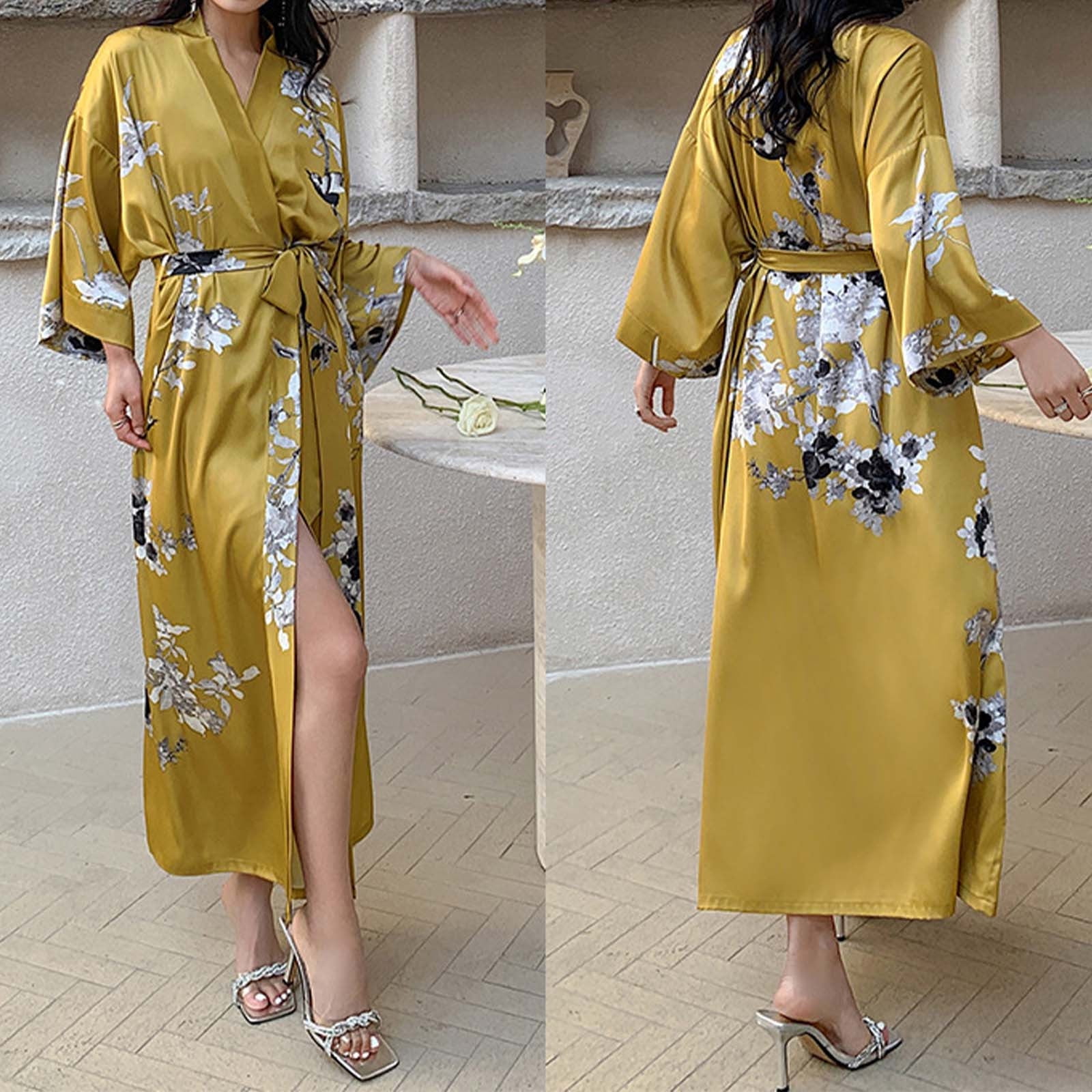 Peignoir Kimono Satin Floral Femme – Luxueux, Manches 3/4, Capuche, Robe De Bain Légère Et Élégante