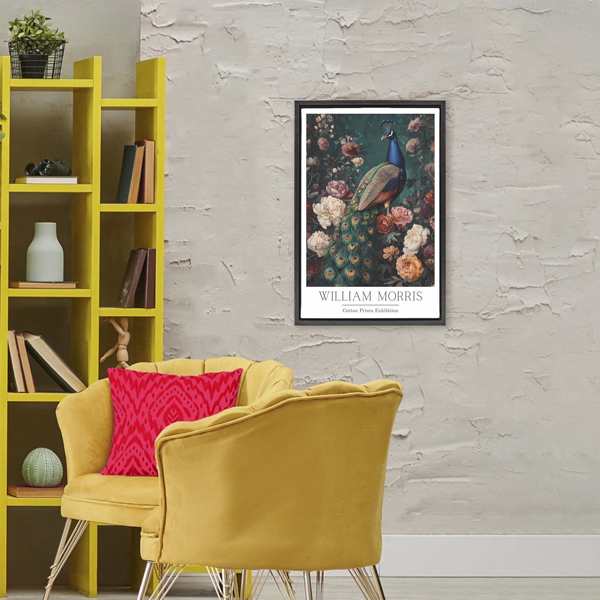 Stupell Industries Vintage Floral Peacock William Morris Black Framed Floater Canvas Wall Art, design by Petal Prints Design