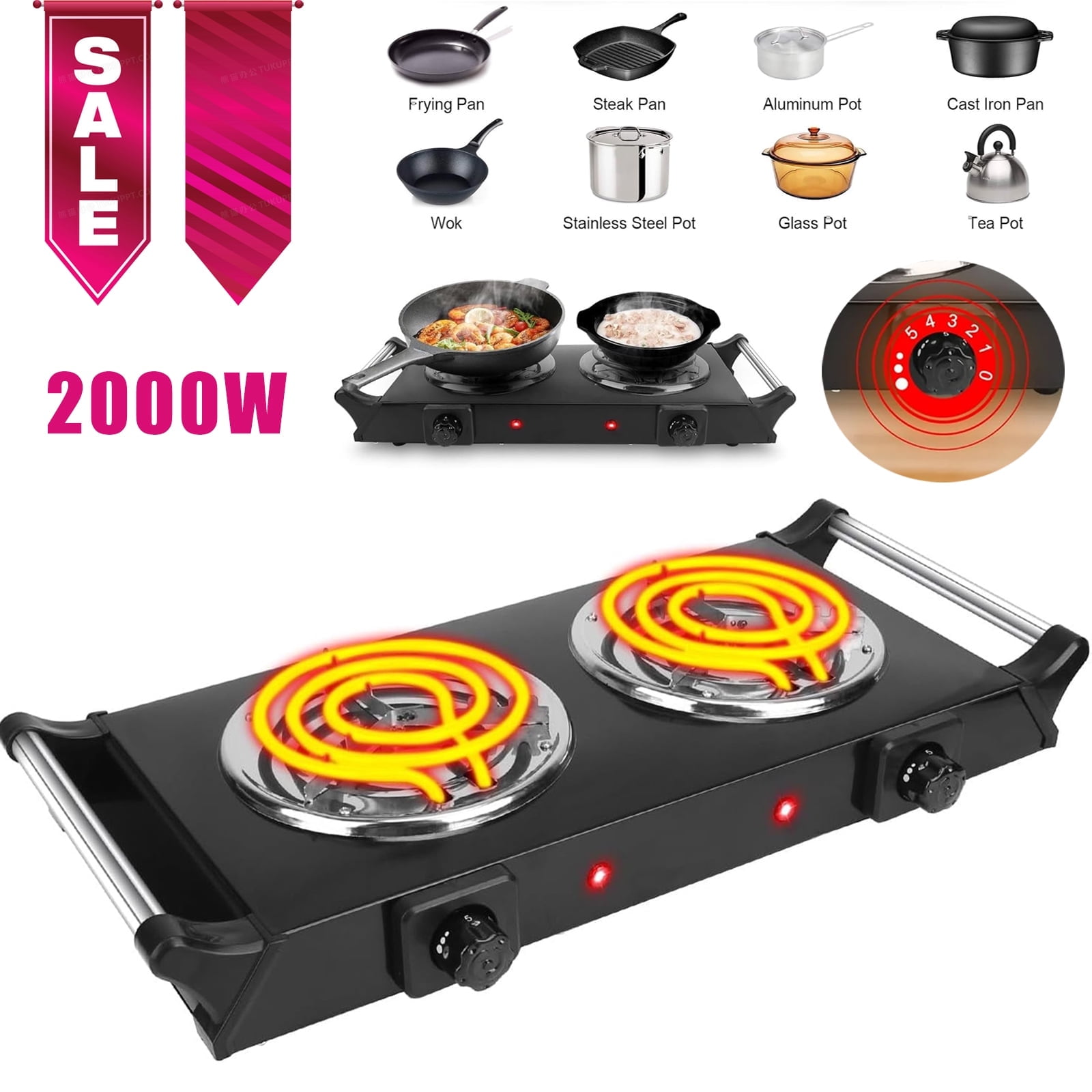 Spalivivre Hot Plate, 2000W Portable Electric Double Burner W/5 Level Temperature Control & Stay Cool Handles, Easy to Clean, Lightweight Cast Iron Electric Stove for Kitchen Camping Cooking, 110V