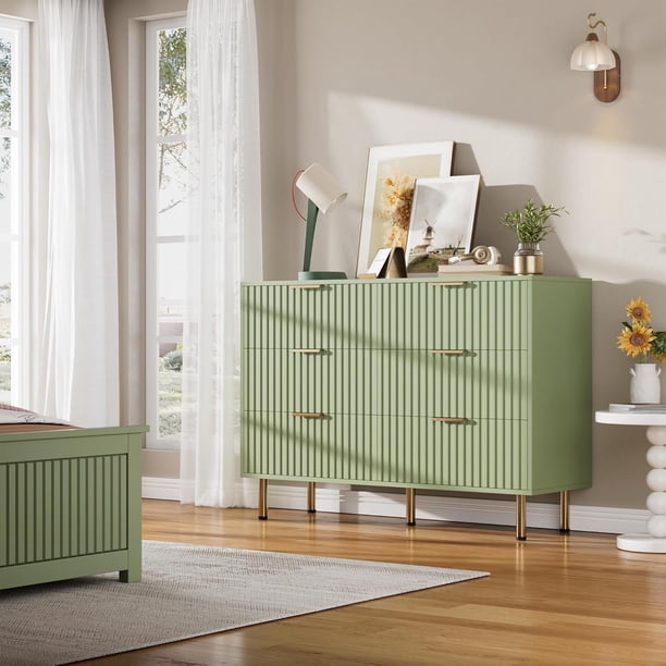 green tall dresser Garvee Fluted 6-Drawer Dresser, Modern Wooden Storage Chest with Deep Drawers & Wide Top, Bedroom Organizer for Living Room, Hallway, Kids’ Room, drawer dresser offers ample room for organizing T Kadyn 6 Drawer Double Dresser,