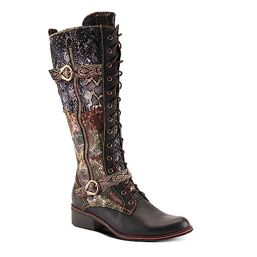L'Artiste Vaneyck Knee High Boots for Women with Iridescent Metallic Upper | Ladies Tall Boots with Decorative Double Buckles and Lace Up Zipper Closure