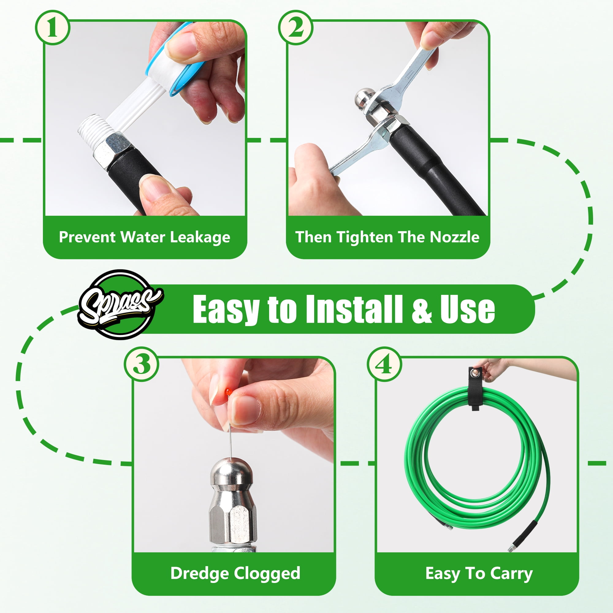 Sewer Jetter Kit for Pressure Washer, 50FT High Pressure Drain Cleaning Hose with Rotating, Corner & Button Nozzles, 5800 PSI Water Jet Sewer Cleaning Tool
