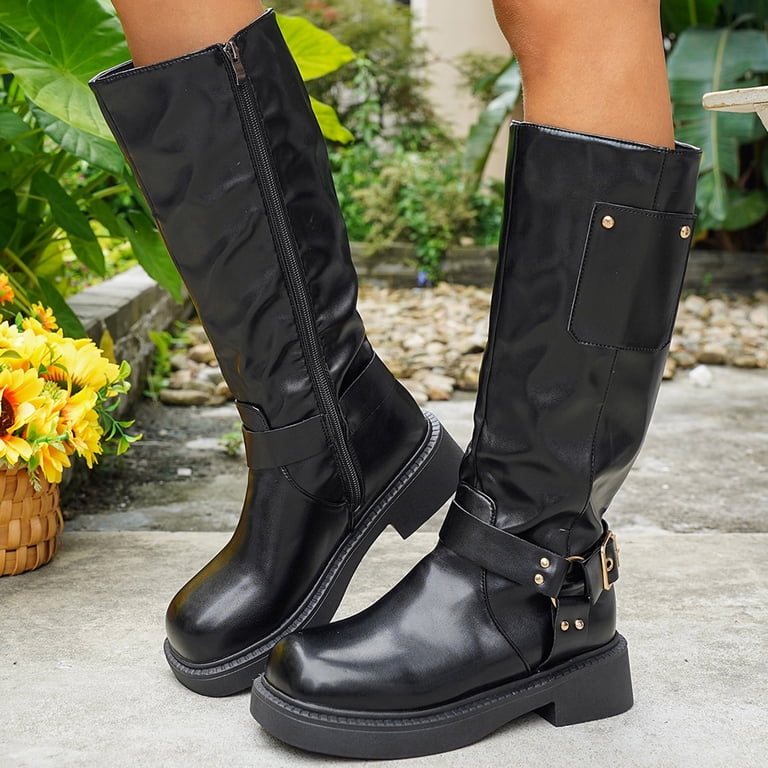 ROSERWISH Women's Chunky Low Heel Knee High Boots - Round Toe, Side Zipper, 2.5 Inch Heel