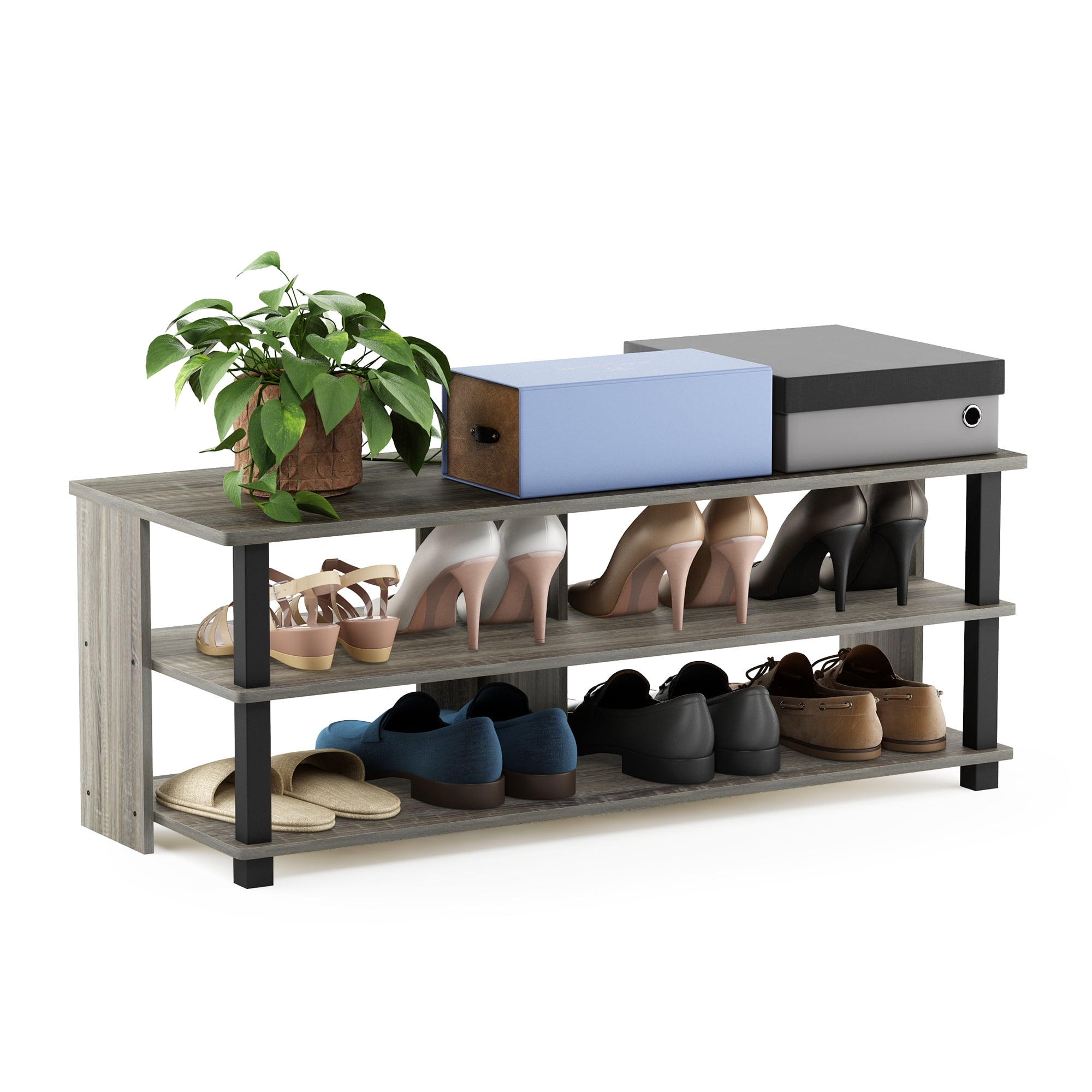 Furinno Turn-N-Tube 3-Tier Compact Open Storage Shoe Rack for Closet Entryway, French Oak/Black