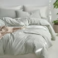 thumbnail image 4 of MooMee Striped Duvet Cover Set Queen 100% Washed Cotton Linen Like Textured Breathable 3-Piece (Sage Green& White Wide Stripes), 4 of 6