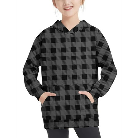 

Jalioing Kids Hooded Sweatshirt with Pocket Plaid Print Long Sleeve Hoodies 4-13 Years Boys Girls Casual Pullover