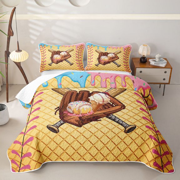 Erosebridal Light Blue & Pink Dripping Waffle Baseball Ice Cream & Glove Graphic Twin Quilt Set,Sport Graphic Twin Coverlet Set for Boys Girls
