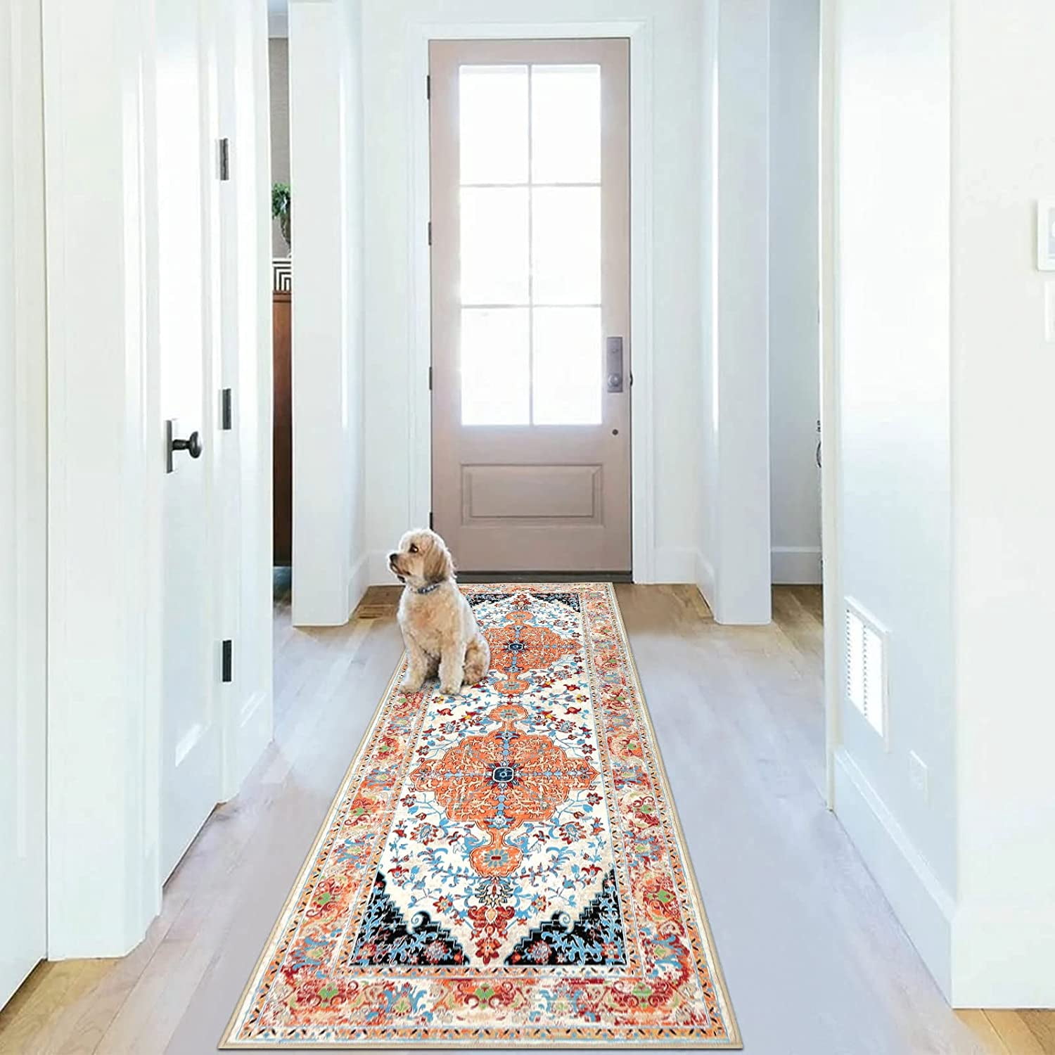 Findosom 2'x6' Vintage Boho Runner Rug Washable Non-slip Area Rug,Hallway Indoor Farmhouse Bedroom Kitchen Living Room Non Shedding Runner, Contemporary Low Plie Floor Carpet Doormat,Orange