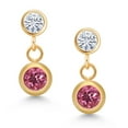 thumbnail image 2 of Gem Stone King 14k Yellow Gold Pink Tourmaline and White Moissanite Two Stone Dangle Earrings for Women (0.70 Cttw, Gemstone October Birthstone, Round 4MM, Round 3MM), 2 of 4