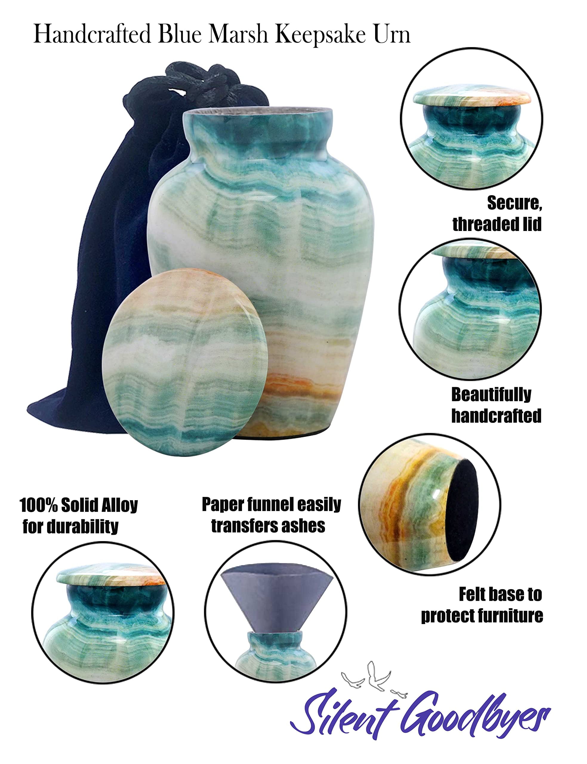 Keepsake Urn | Marble Finish Keepsake Cremation Urn for Ashes | Metal Sharing Urn for Human or Pets Ashes | Mini Memorial Urn with Velvet Bag (Blue Marsh)