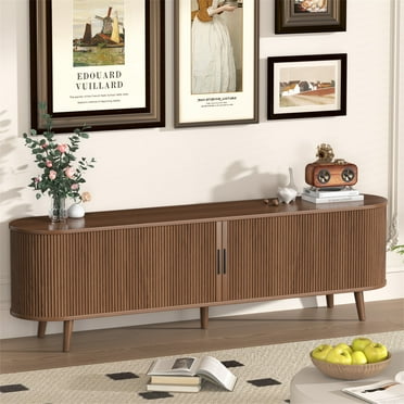 Yeahumalia 71'' TV Stand with Storage for TVs up to 85" TV, Wood Entertainment Center with 3 Drawers and 2 Sliding Tambour Doors for Living Room, Mid-Century Modern