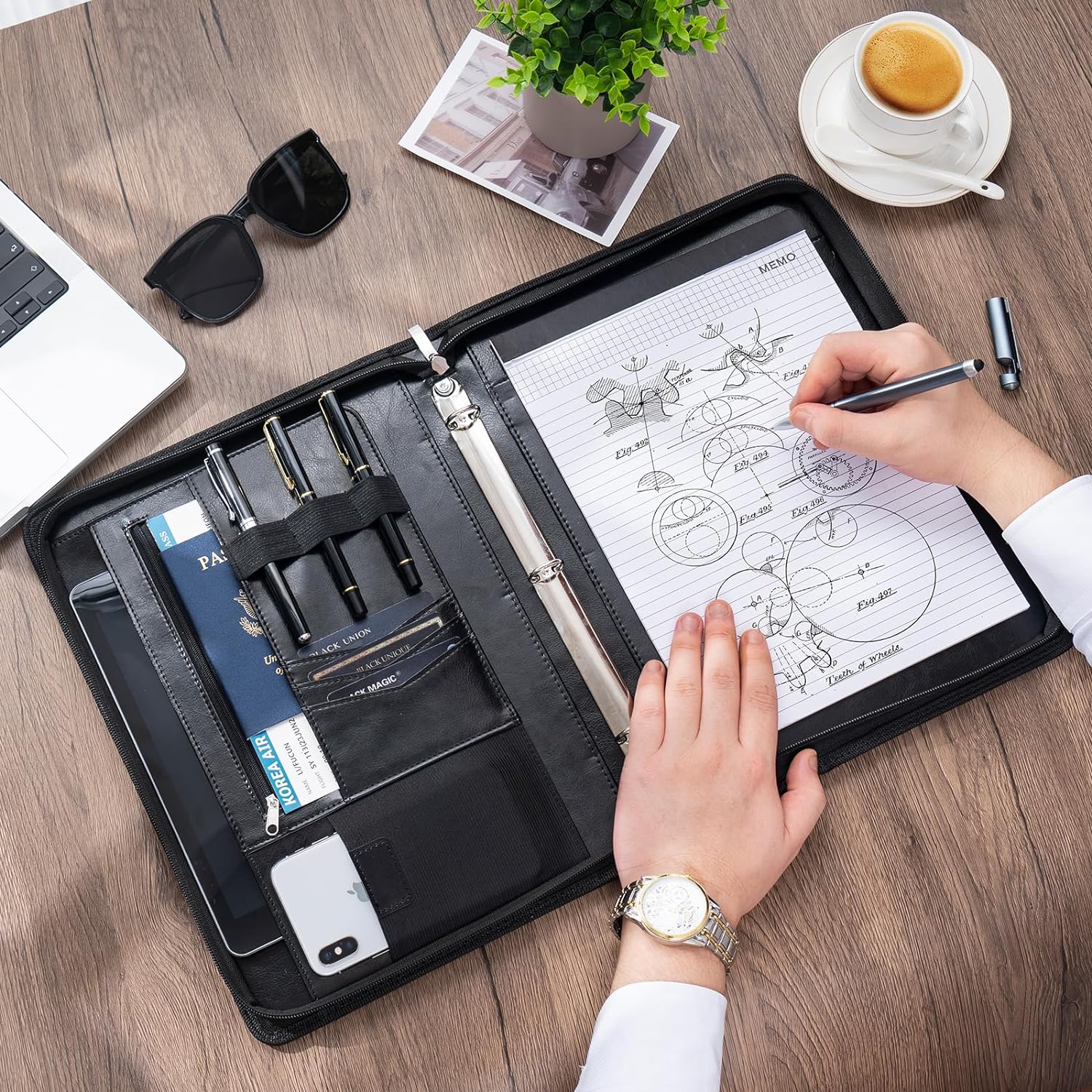 ProCase Portfolio 3-Ring Padfolio Folder Organizer, PU Leather Business Planner A4 Notepad Zipper File Binder Clipboard Removable Document Sleeve for Resume Interview Meeting -Black