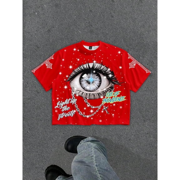 Red Mens Eye & Chain Graphic Print Short Sleeve Cropped T-Shirt