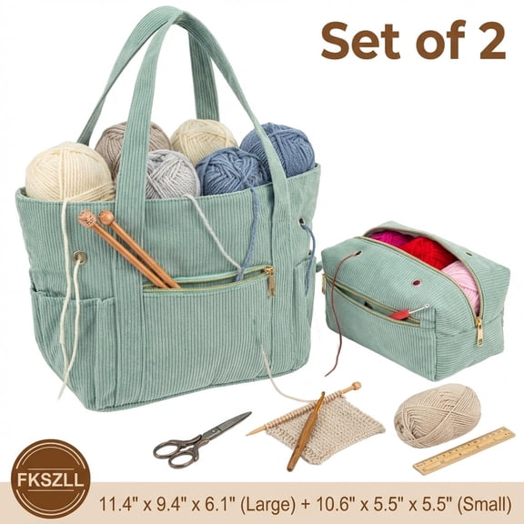 Crochet Bag Organizer and Yarn Tote Set, Corduroy Knitting Bag with 4 Yarn Holes and 11.5" Needle Pocket