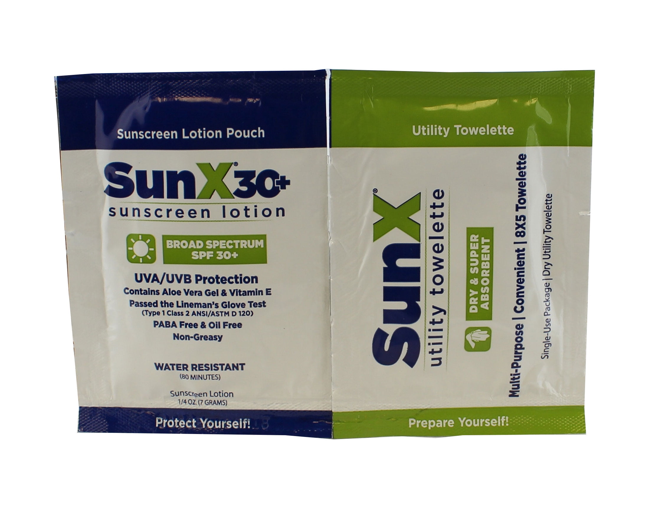 SunX SPF30 Sunscreen with Towelette wipe by Coretex, Bulk Case of 300