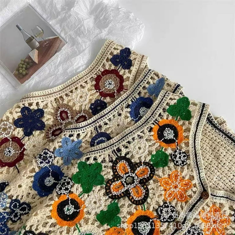 Women Hollow Crochet Knit Vest Waistcoat Beaded Embroidery Colorful Floral Sleeveless Cardigan for Jacket Button Crop To Walmart