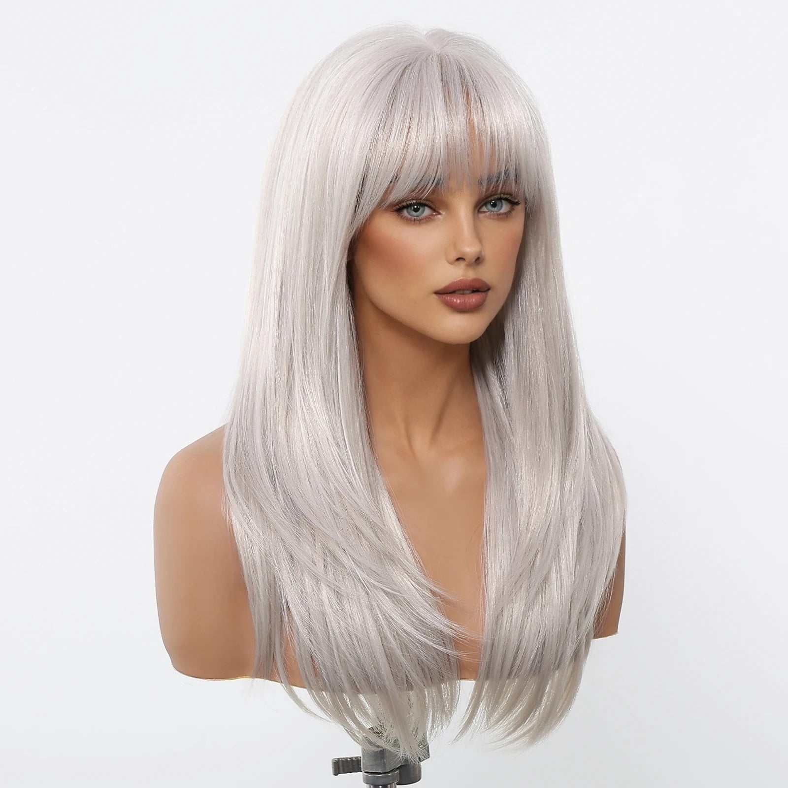 Long Straight Colorful Synthetic Hair Wig with Bang Grey Party Wig Fake Hair Heat Resistant Fiber