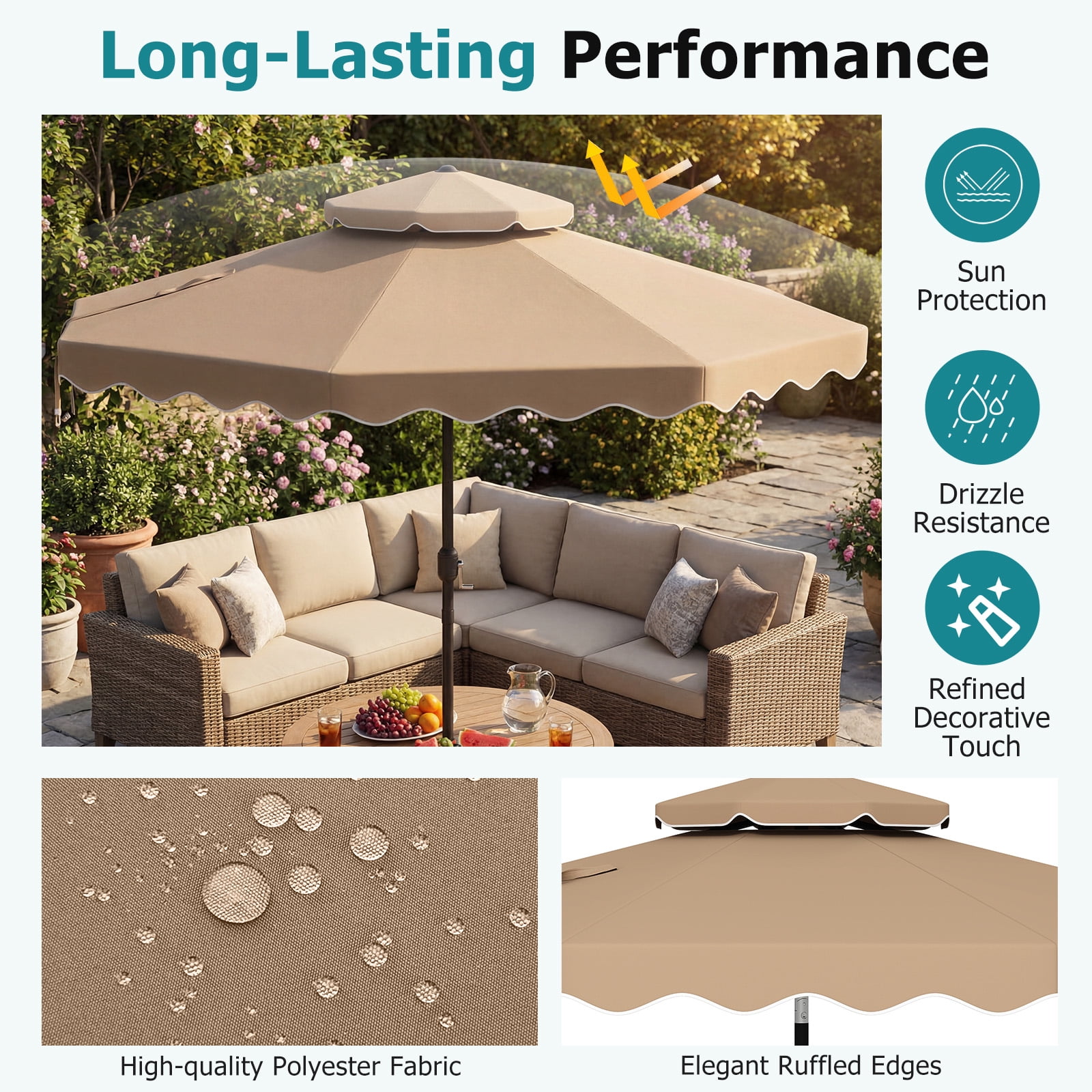 Gymax 9 FT Patio Umbrella w/Push Button Tilt & Crank 2-Tier Vented Top 8 Metal Ribs Brown
