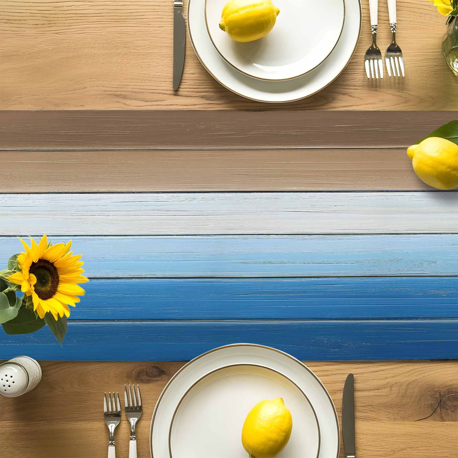 Blue Brown Cotton Linen Table Runner for Dining Kitchen, Gradient Wood Grain Farmhouse Country Wedding Outdoor Party Tablerunners Decoration, Dresser Scarf Coffee Tablecloth Runners 13x48 Inches