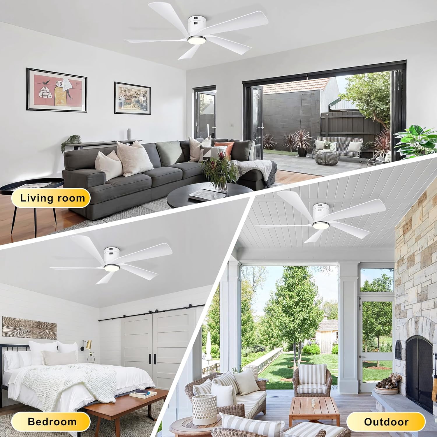 Ohniyou 52" Flush Mount Ceiling Fan with Lights and Remote Farmhouse Indoor Outdoor Ceiling Fans for Patio Living Room, White