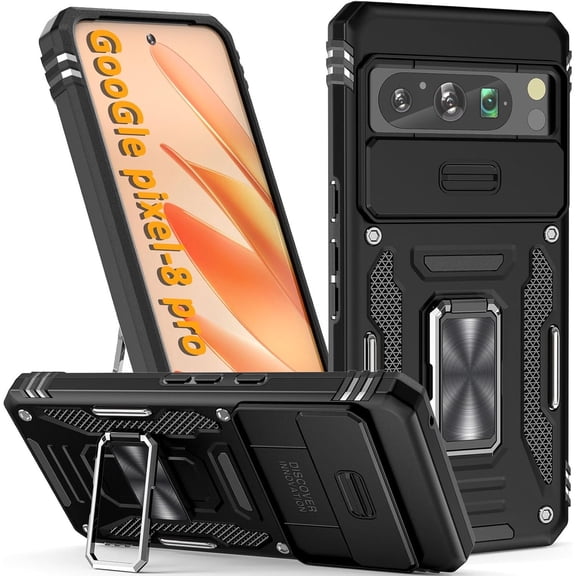 Military Grade Ring Holder Case with Camera Lens Cover for Google Pixel 8 Pro - Black
