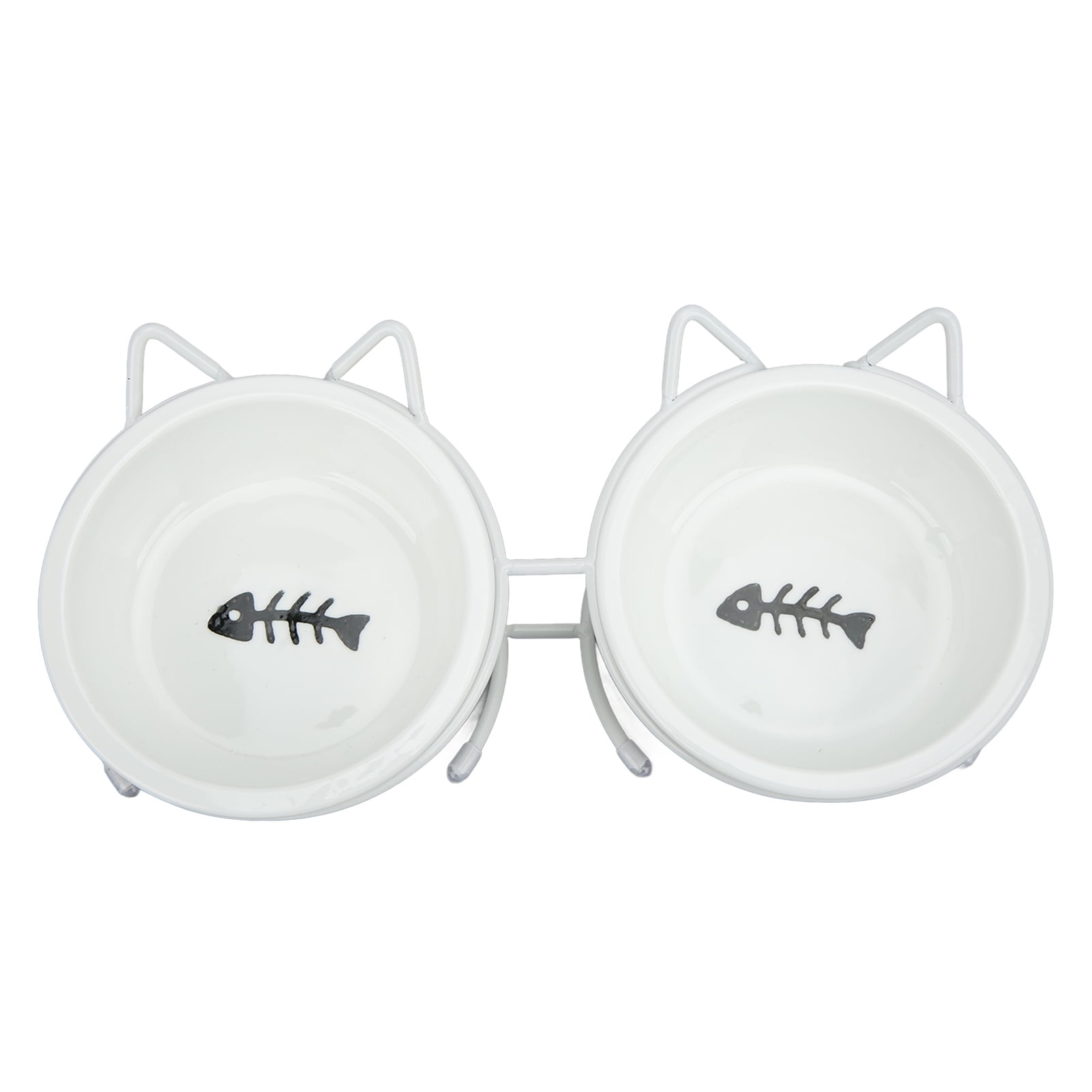 BIMZUC Pet Double Ceramic Bowl Set Raised Cat Bowls with Metal Stand Anti-Slip Cover for Food Water Dishwasher Safe Elevated Dog Feeder Neck Protection 10.2 inches / 26 cm Length