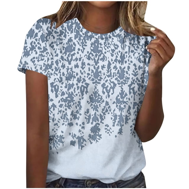 Staron Hauts d'Été Mignons pour Femmes Col Rond Manches Courtes T-Shirts Basiques d'Été Blouses Imprimé Floral Tunique Tendance d'Été Chemises Bleues TTTG