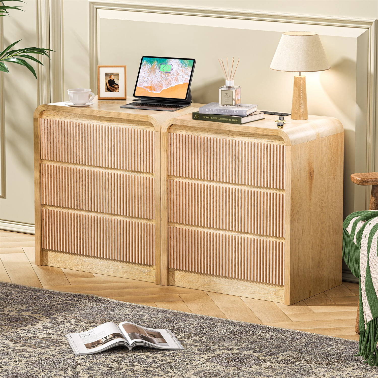 Hommoo Modern Fluted Wood Nightstand with Built-in Charging Station, 25" Tall Bedside Table with 3 Smooth-Glide Drawers, USB Ports & AC Outlets, Mid-Century Bedroom End Table, Natural