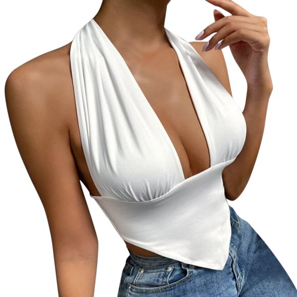 Outfmvch Halter Tops for Women Backless Top Tie Backless Asymmetrical Hem Halter Top Tunic Top Camis White Shirts for Women White M