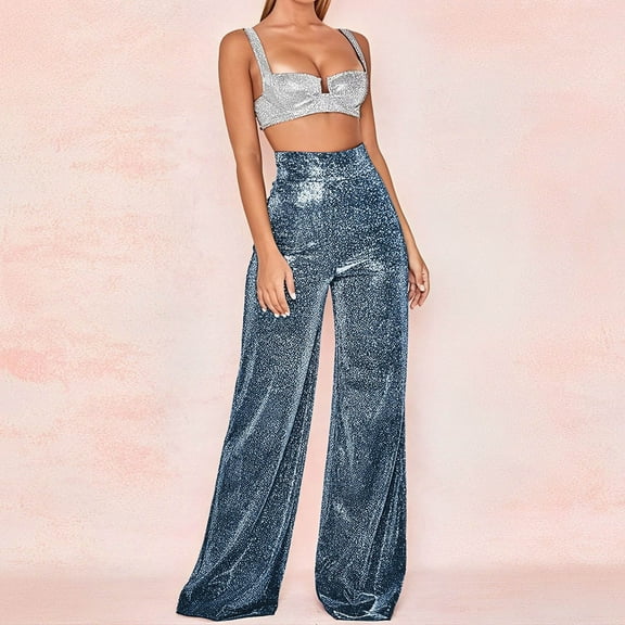 Patlollav Ladies Sports Casual High Waist Straight Leg Pants Womens Wide Leg Pants Sequins Party Clothes