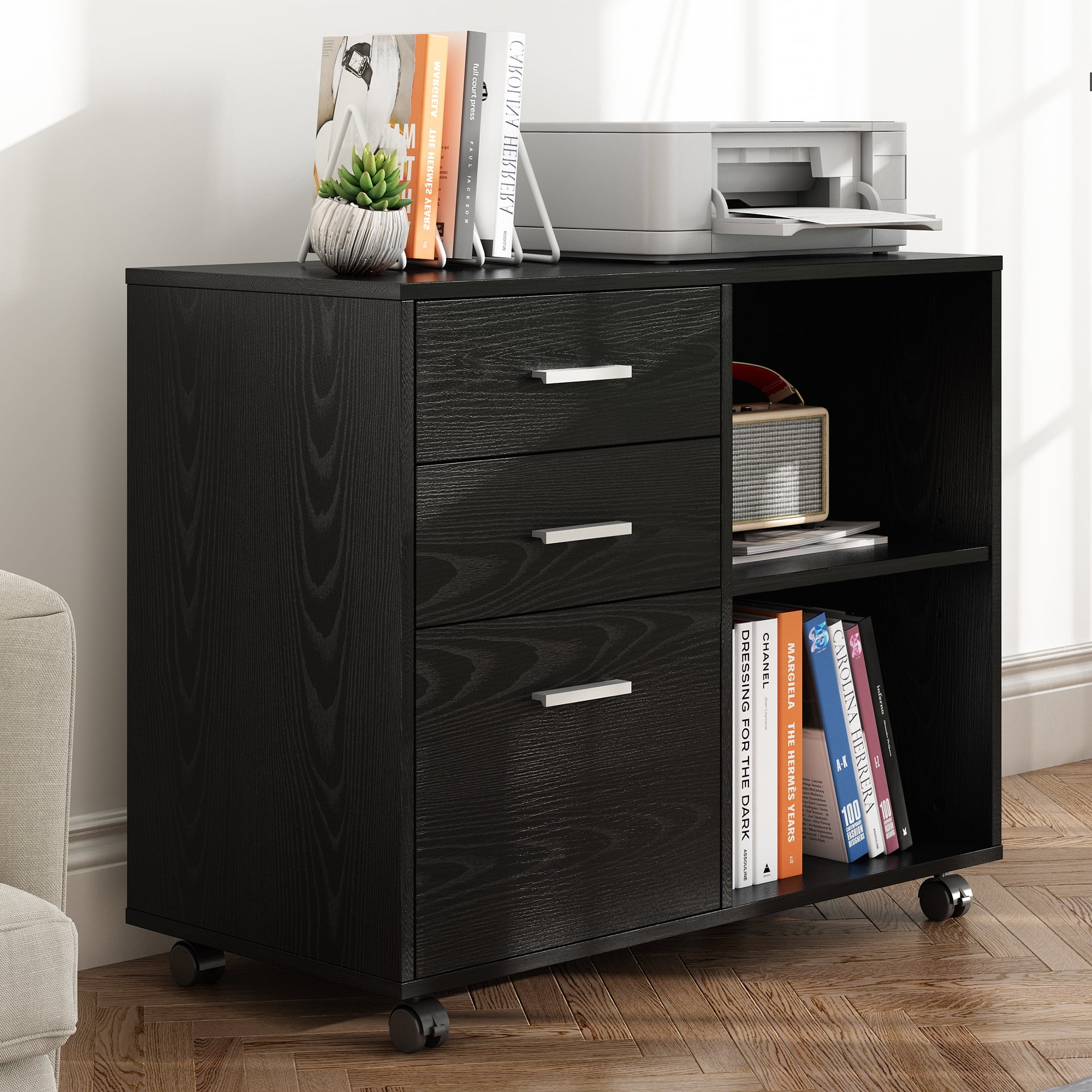 GALAXHERO 3-Drawer Wood File Cabinet, Mobile Lateral Filing Cabinet with Printer Stand and Open Shelves for Home Office, Black