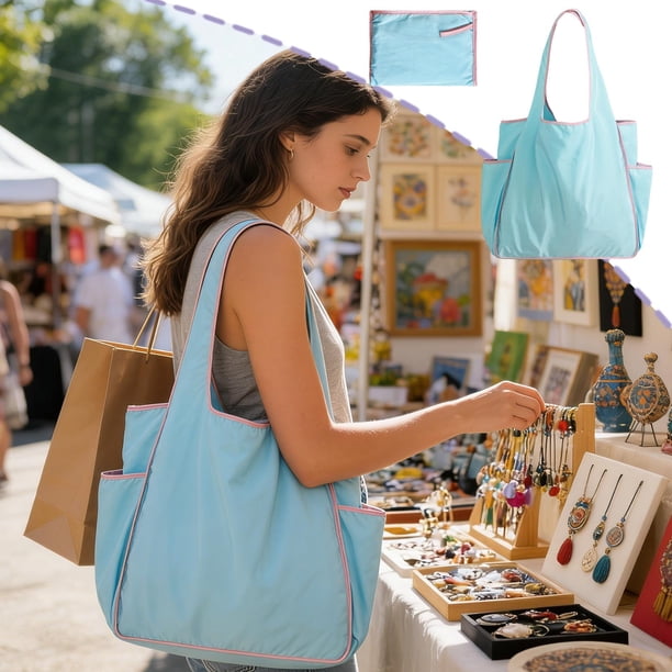 Bolsa de compras plegable impermeable con bloque de color y bolsillo lateral para botella de agua, gran capacidad, almacenamiento portátil, uso unisex