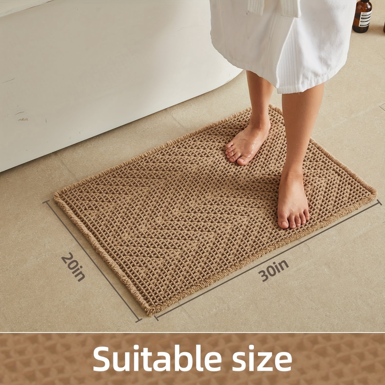BULULOM Bathroom Rugs，Herringbone Boho Waffle Bath Mat, Non Slip Washable Super Absorbent Quick Dry, Farmhouse Bathroom Decor 20"*30" Khaki