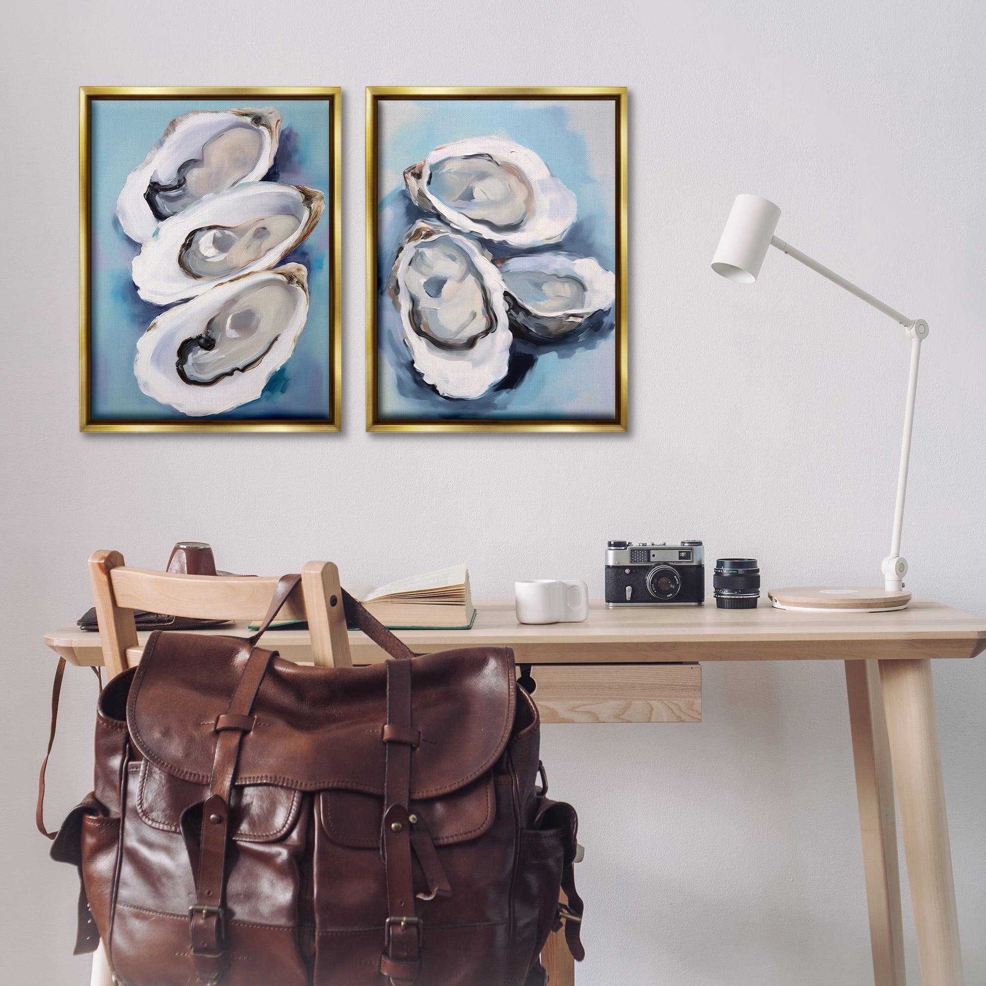 Stupell Industries Trio Half Shell Oysters Nautical & Beach Painting Gold Floater Framed Canvas Art Print Wall Art, 21 x 31, Set of 2