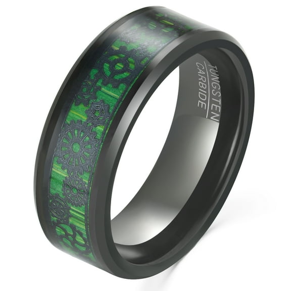 8mm Black Tungsten Rings with Green Carbon Fiber Steampunk Gear Wheel Inlay for unisex