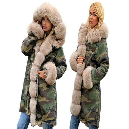 Womens Faux Fur Winter Jacket Parka Hooded Coat Fishtail Long Sleeves