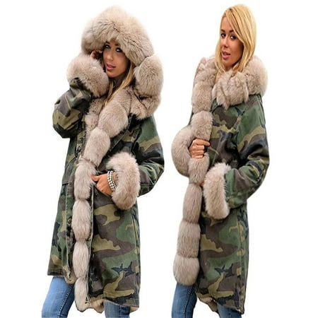 - Womens Faux Fur Winter Jacket Parka Hooded Coat Fishtail Long Sleeves Overcoat