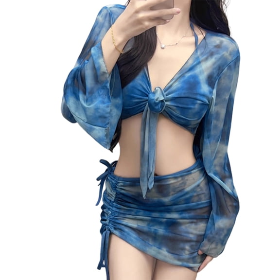 ZPAQI Women Long Sleeves Bathing Suit Halters Swimsuit with Crop Top and Beach Skirt