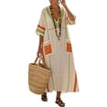 thumbnail image 2 of Uootdi Womens Kaftan Dresses Stripe Print V Neck 3/4 Sleeve Pocket Loose Fit Maxi Dresses Boho Style Dresses Gift, 2 of 5