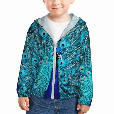 

Qekee Beautiful Blue Peacock Print UPF 50+ Kids Sun-Protective Hooded Long Sleeve Rash Guard for Fishing Water Beach Sports -18 Months
