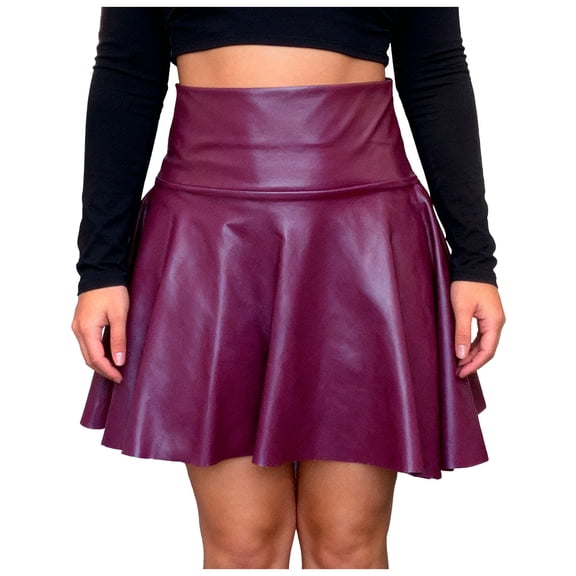 vigerkar Leather Skater Skirt, Women's Loose Mini A-line High Waist Casual Stretchy Skirts (Wine, L)