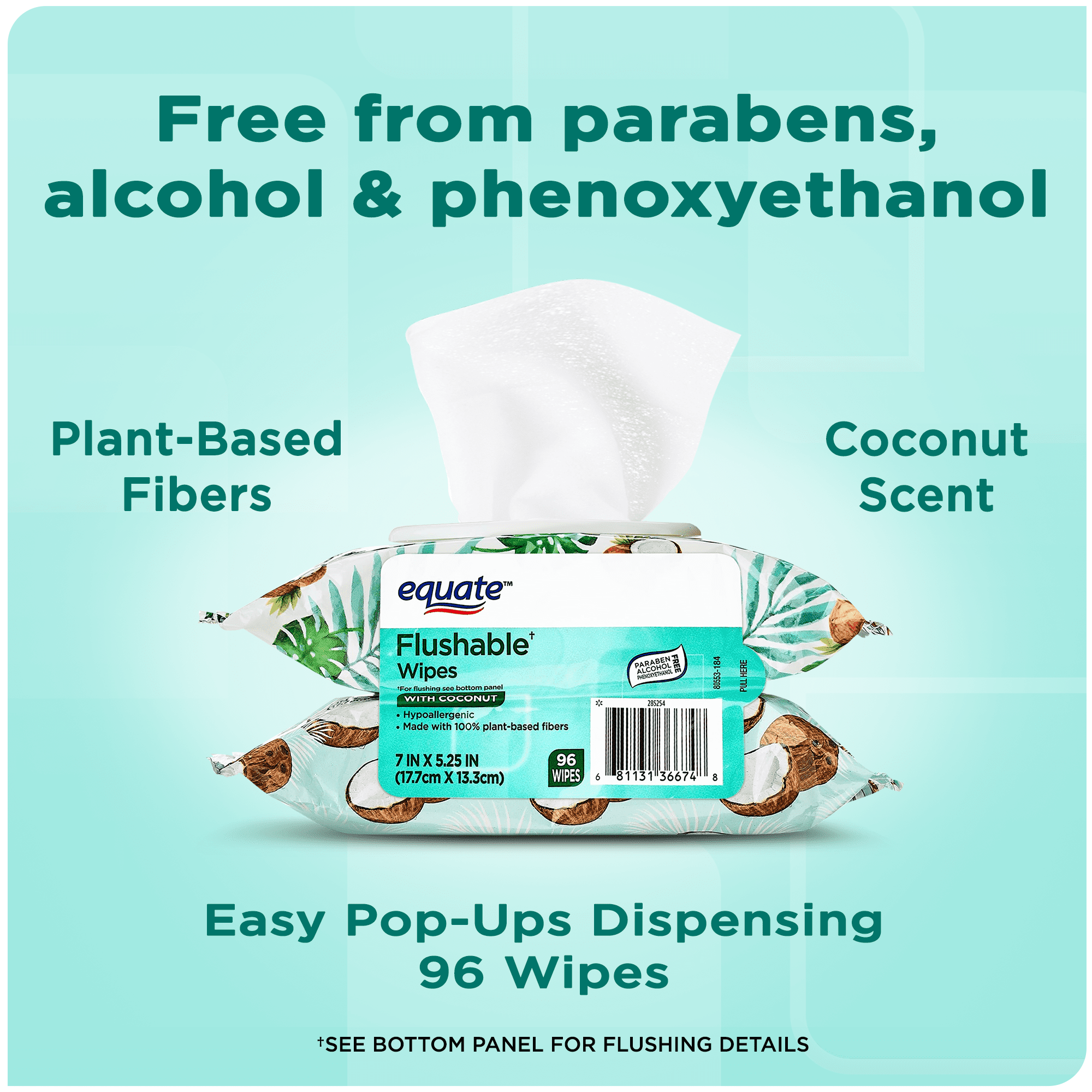 Equate Flushable Wet Wipes, Coconut Scent, 96 Wipes, 2 Pack