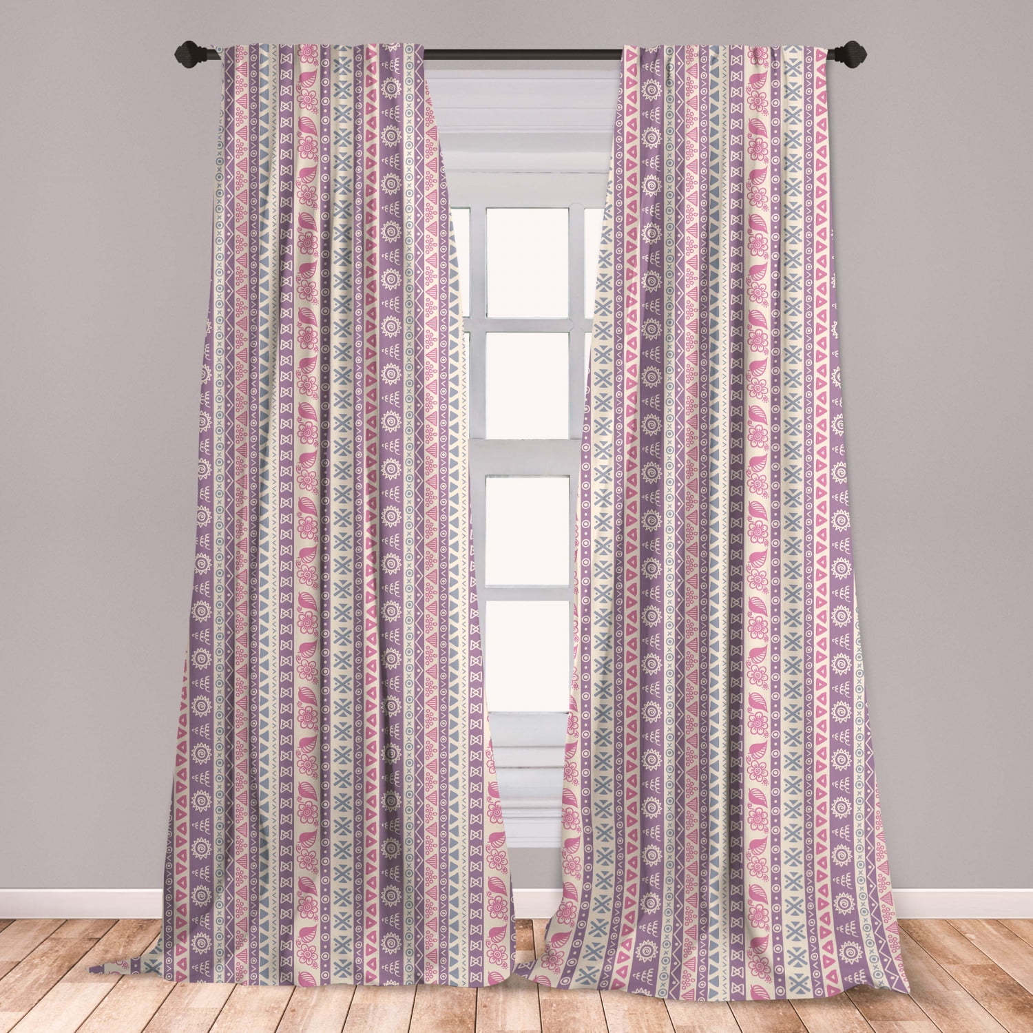 Striped Curtains 2 Panels Set, Soft Tone with Elements Floral Leaf
