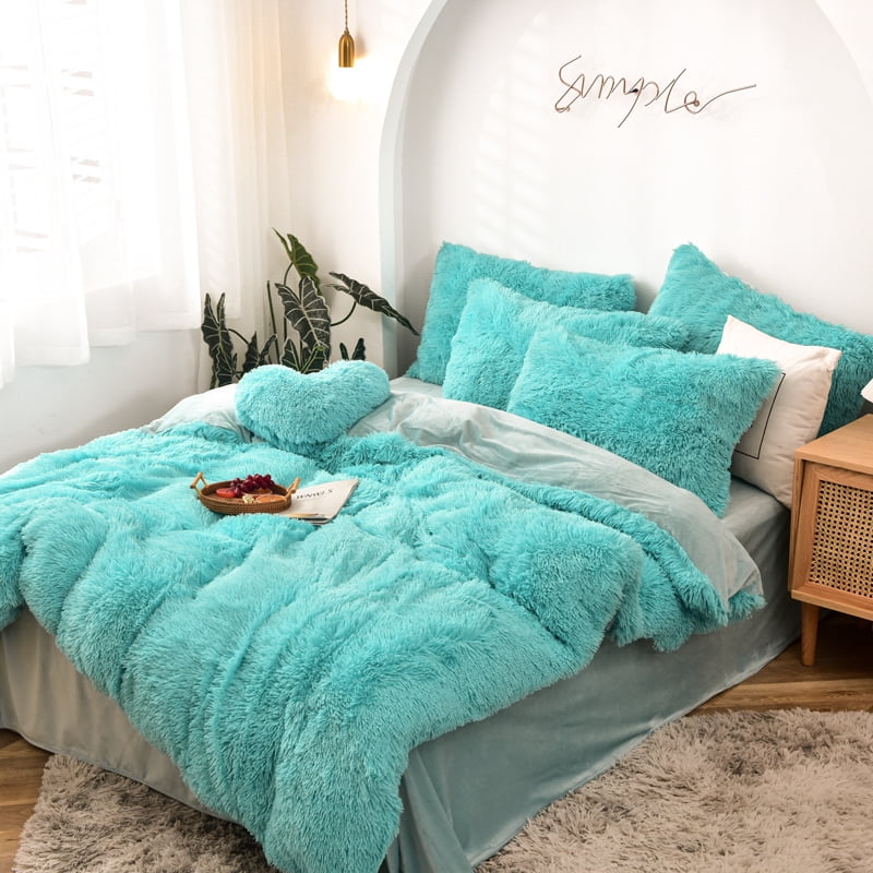 MorroMorn Luxury 5 PCS Shaggy Duvet Cover Sets Fuzzy Bedding Set, King/Cal King Size, Aqua Blue