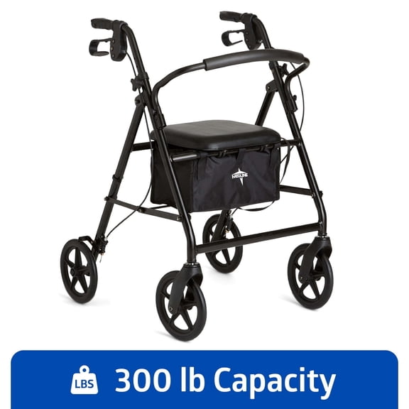 Medline Steel Rollator Walker, Folding Rolling Walker, 8 in Wheels, 300 lb Weight Capacity, Black