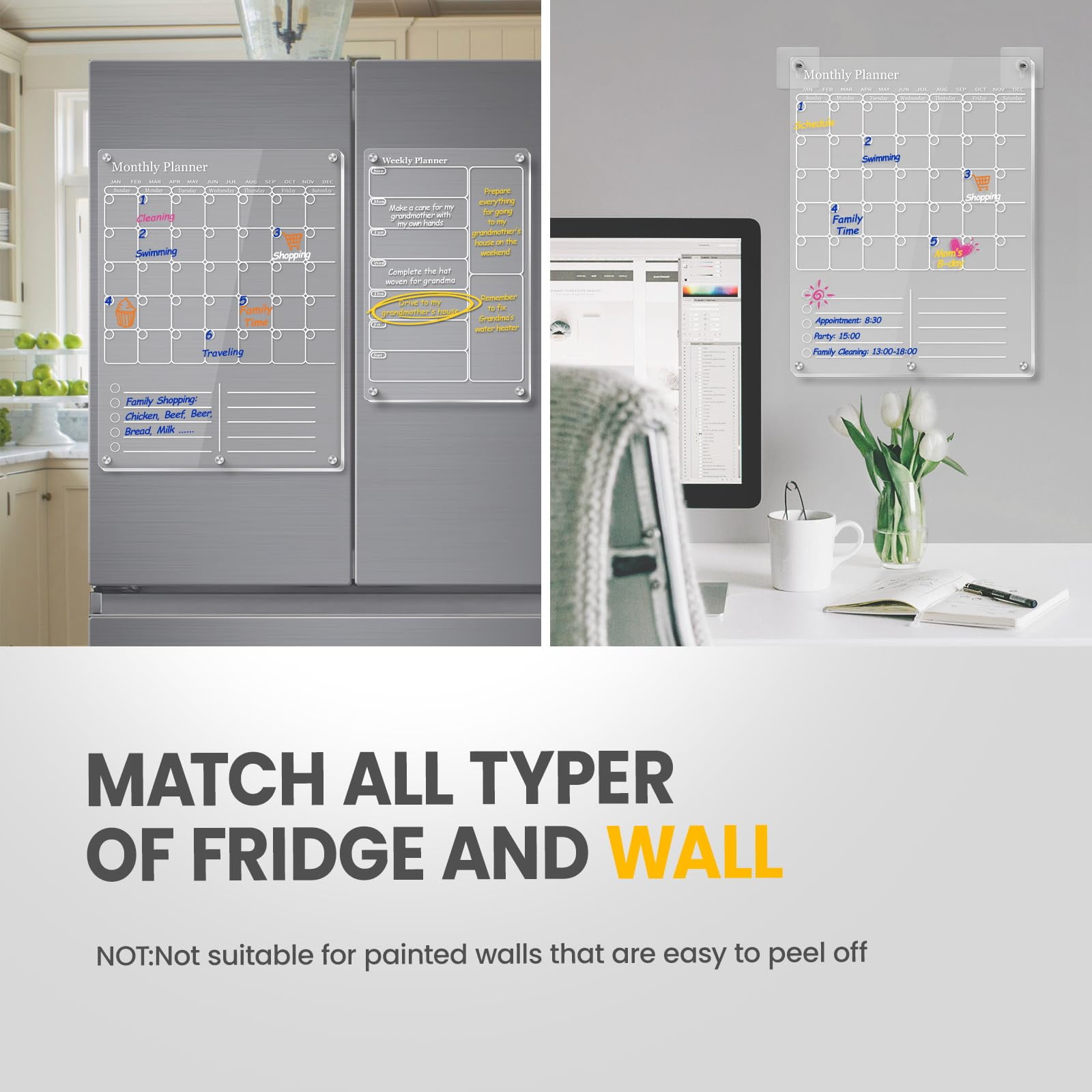 Clear Acrylic Magnetic Calendar for Refrigerator- Sleek Dry Erase Board & Chore Chart for Fridge, Perfect Family Organizer, Includes 5 High-Contrast Markers for Stainless Steel & White Kitchens