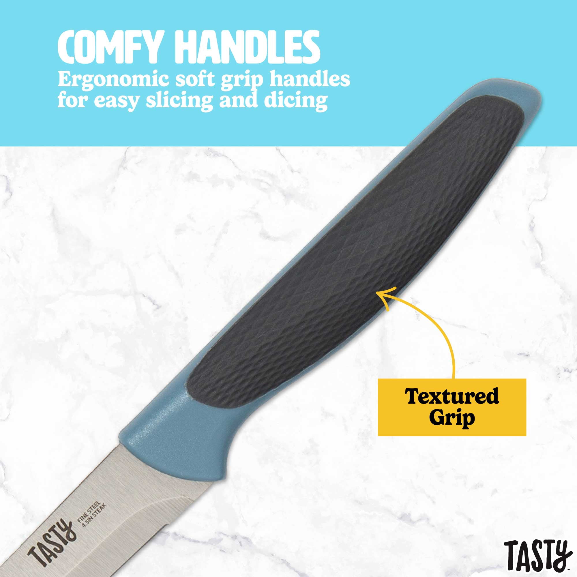 Tasty 4 Piece Stainless Steel Steak Knife Set, Serrated Edge, Blue