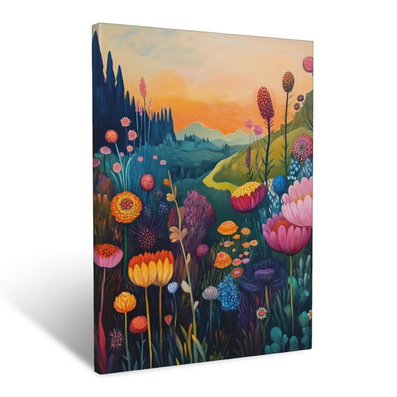 CozyNet Whimsical Depiction Of Oversized Wildflowers In A Magical Landscape Wall Art Prints With Frame Canvas Perfect for Living Room & Bedroom, Ready to Hang, Wall Decor 12"x16"in
