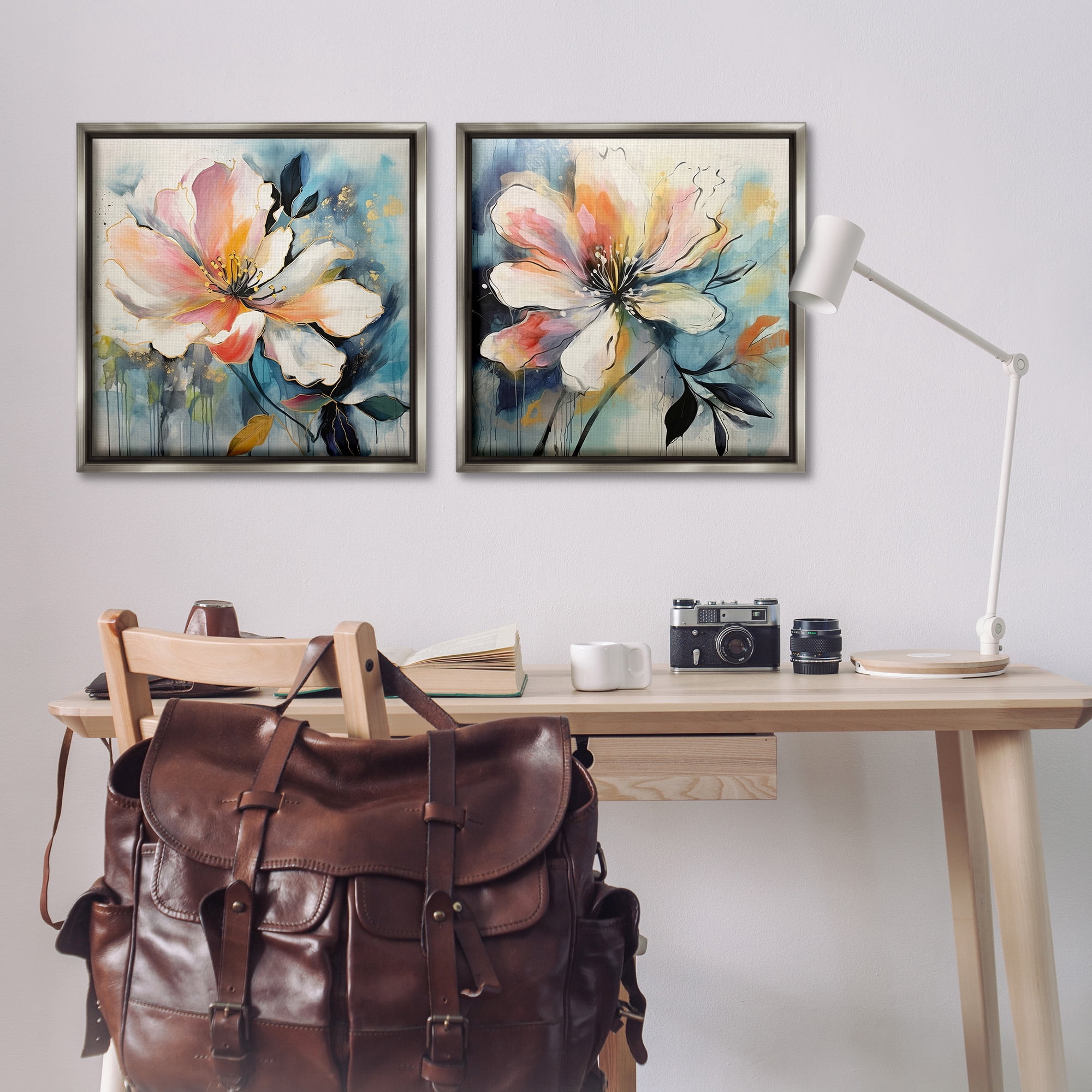 Stupell Industries Modern Dripping Blooms Botanical & Floral Painting Gray Floater Framed Canvas Art Print Wall Art, 25 x 25, Set of 2
